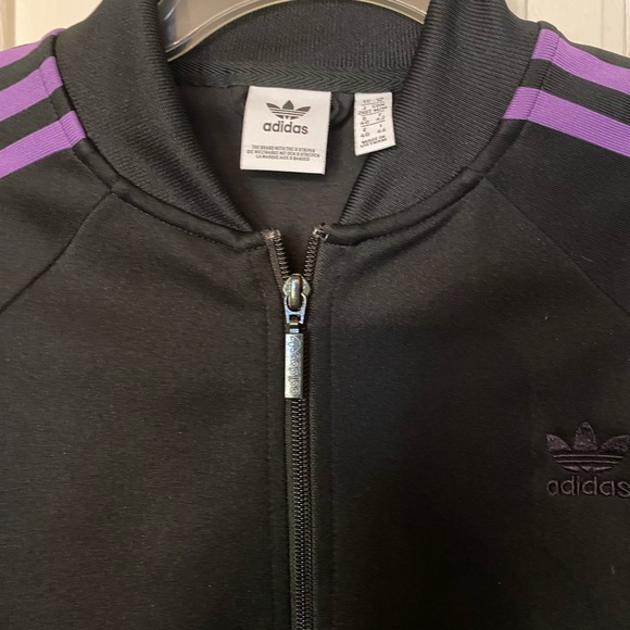Black Adidas Track Jacket with purple stripes. Adult medium. EUC. - Picture 2 of 4